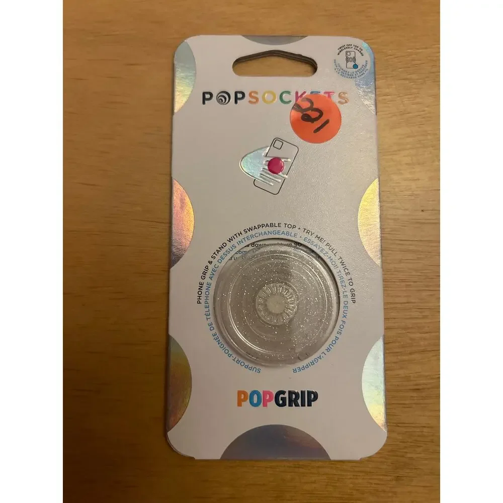 New Popsockets Swappable Top Phone Grip & Stand Clear with Silver Glitter